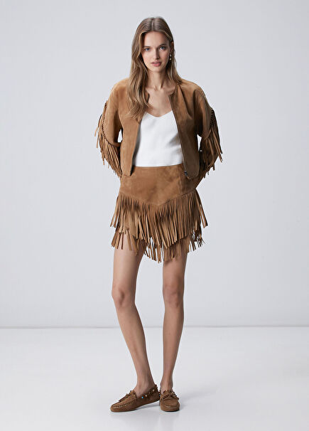 Limited Camel Fringed Suede Leather Skirt