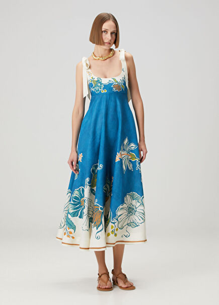 Luda Ballet Mavi Midi Keten Elbise