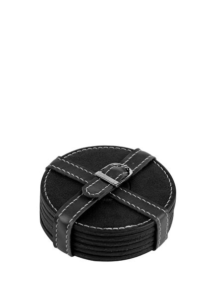 Siyah Deri Kemerli 6'lı Bardak Altlığı Seti