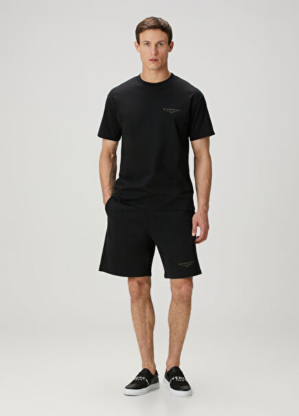 Regular Fit Siyah Logo Baskılı Bermuda