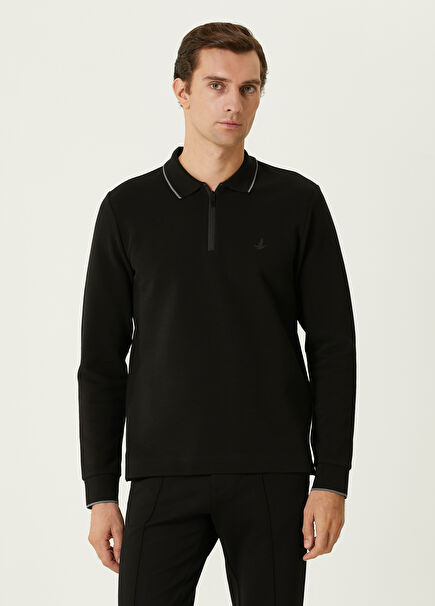 Slim Fit Siyah Polo Yaka Ottoman Dokulu Sweatshirt