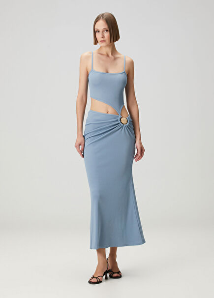 Mavi Kesim Detaylı Midi Elbise