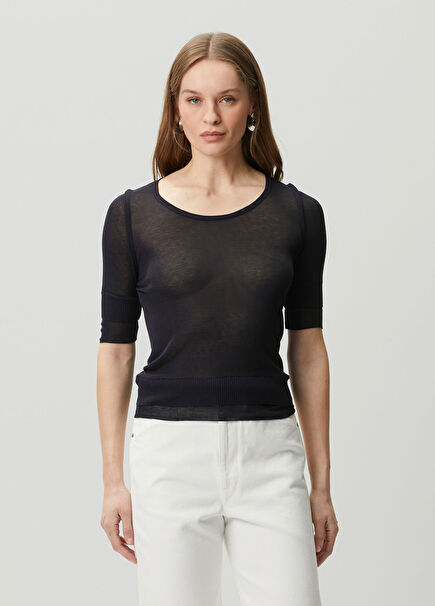 Lacivert Transparan Dokulu T-shirt