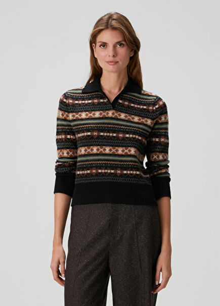 Brown Jacquard Polo Cashmere Sweater