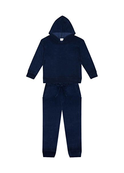 Lacivert Kadife Kapişonlu Erkek Çocuk Eşofman Takımı