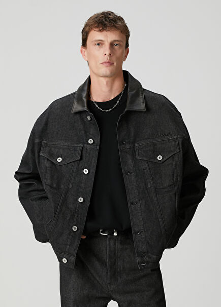 Siyah Yakası Deri Detaylı Raw Denim Ceket