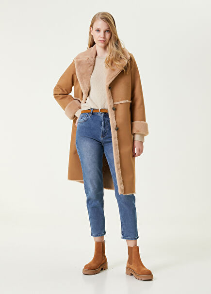 Tab Brown Faux Fur Detailed Suede Coat
