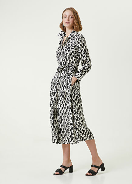 Siyah Beyaz Kaz Desenli Midi İpek Gömlek Elbise