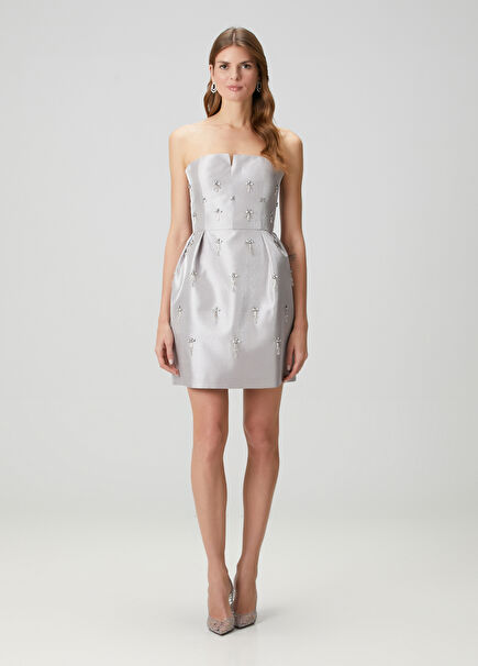 Stone Embroidered Grey Strapless Women's Mini Evening Dress