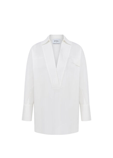 Carol Beyaz V Yaka Yarasa Kollu Kadın Gömlek