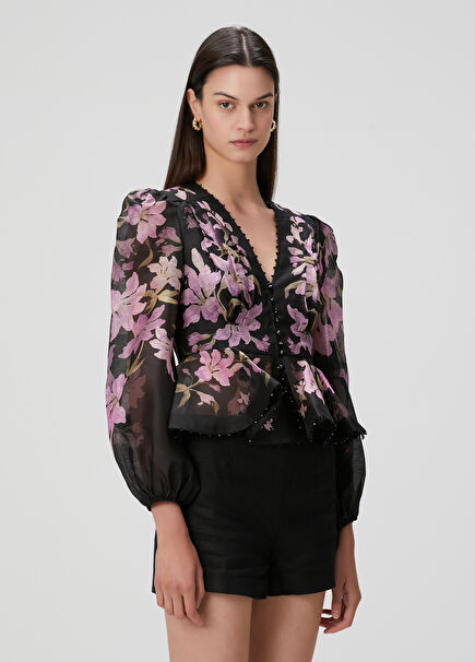 Dawning Black Floral Linen Blouse