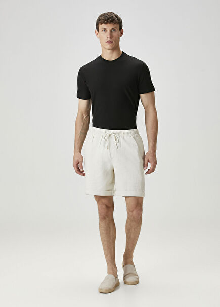 Krem Beli Kordonlu Keten Bermuda