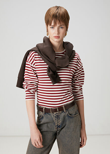 Burgundy White Striped Long Sleeve T-Shirt