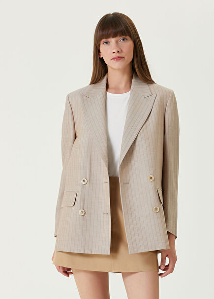 Bej Çizgi Desenli Blazer