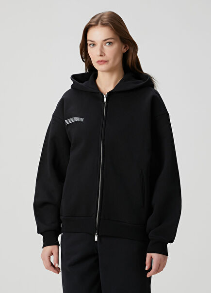 Siyah Kapüşonlu Fermuarlı Sweatshirt
