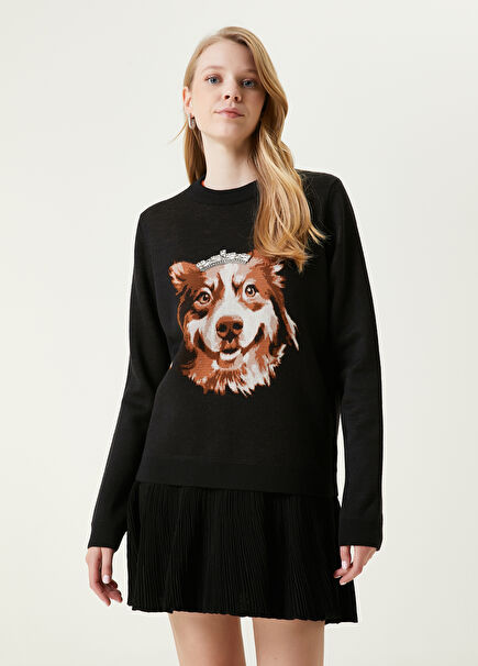 Black Stone Embellished Dog Jacquard Sweater