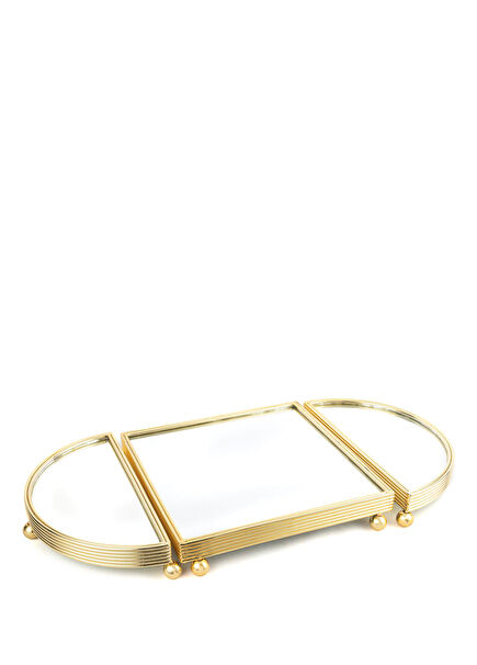 Altın Rengi Oval Aynalı Metal Jardinyer Tepsi 25x50 cm