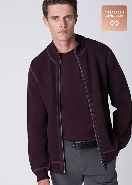 Plum Double-Sided Wool Knit Cardigan
