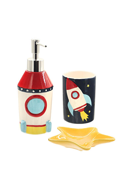 3-Piece Ceramic Bathroom Set with Rocket Figure