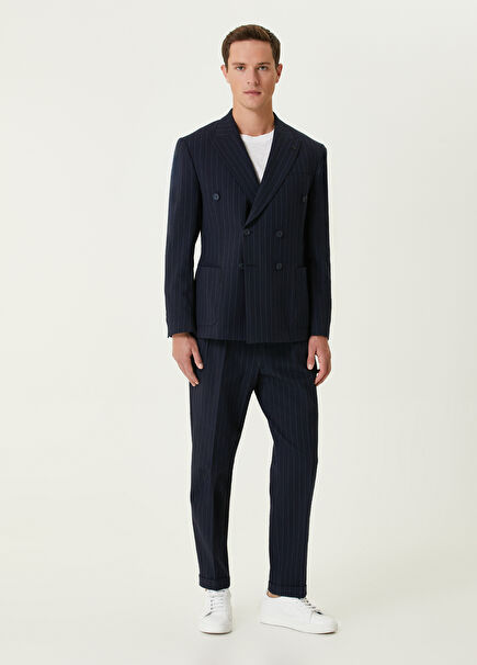 Navy Blue Striped Embossed Double Breasted Suit