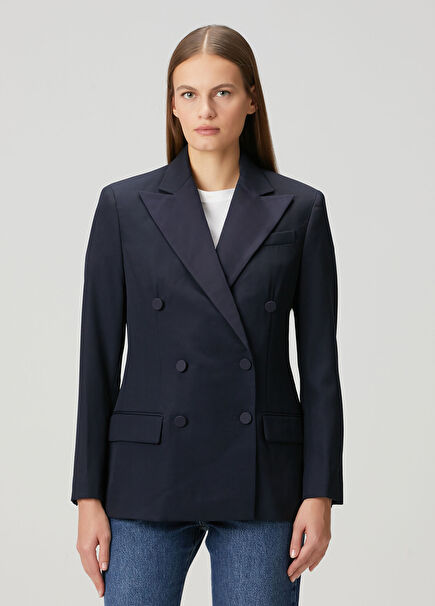Lacivert Kruvaze Yün Blazer