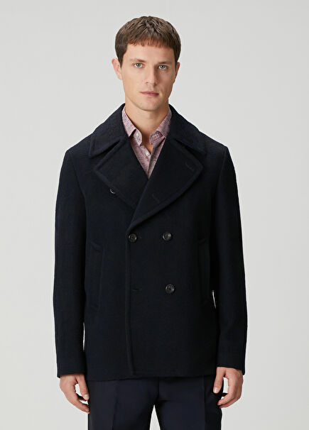 Navy Blue Double-Breasted Wool Coat