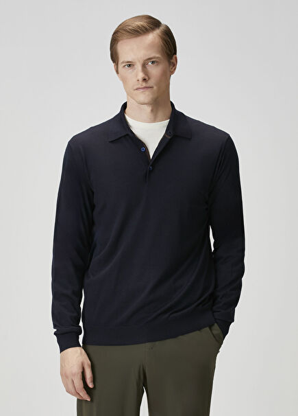 Lacivert Polo Yaka Yün Triko