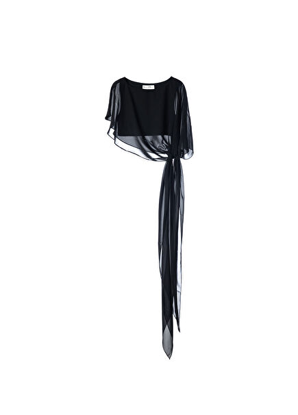 Black Chiffon Long Lace Detailed Asymmetrical Design Women's Blouse