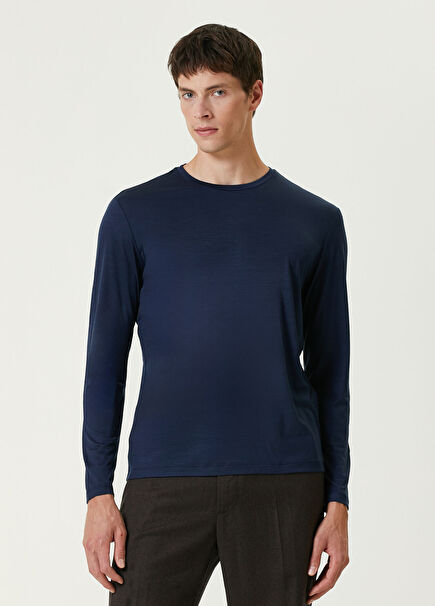 Lacivert Uzun Kollu Yün T-shirt