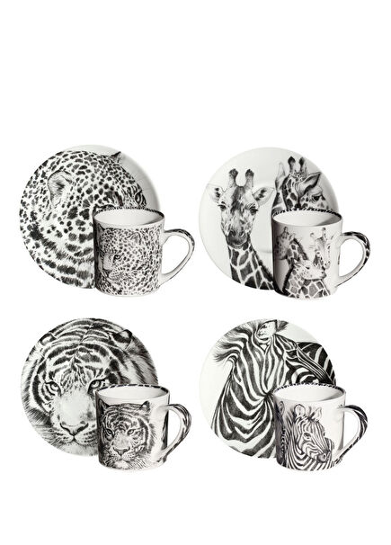 Wild Spirit Desenli Beyaz Fine Bone Porselen 4'lü Kahve Fincanı ve Tabağı Seti