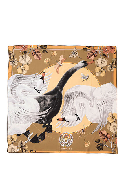 Cabala Swans and Orchids Khaki Silk Twill Women's Scarf 135 cm