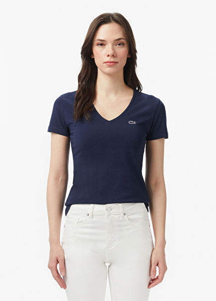 Lacivert V Yaka Slim Fit Kadın T-Shirt