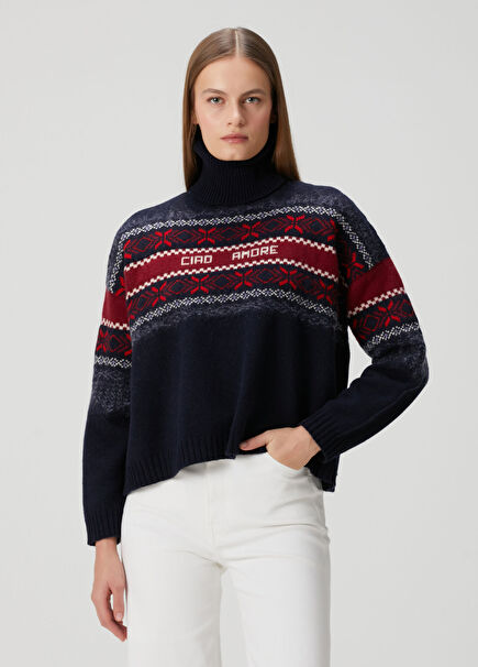 Navy Blue Jacquard Wool Sweater