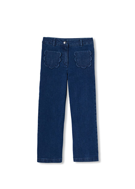 Wide Leg Denim Girls Jeans with Patch Pockets