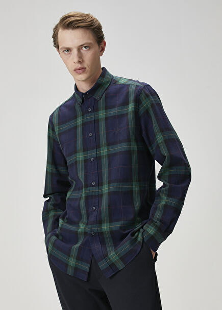Comfort Fit Green Navy Blue Plaid Patterned Shirt