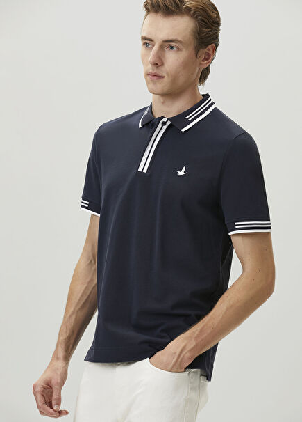 Comfort Fit Lacivert Polo Yaka Çizgi Detay T-shirt