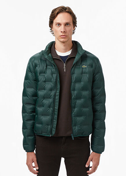 Koyu Yeşil Kapüşonlu Erkek Kapitone Mont