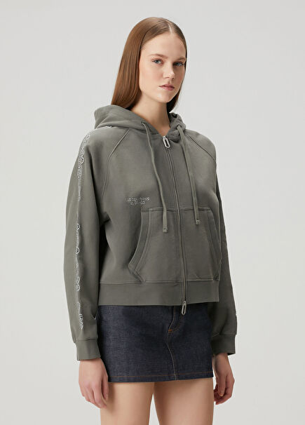 Gri Kapüşonlu Fermuarlı Sweatshirt