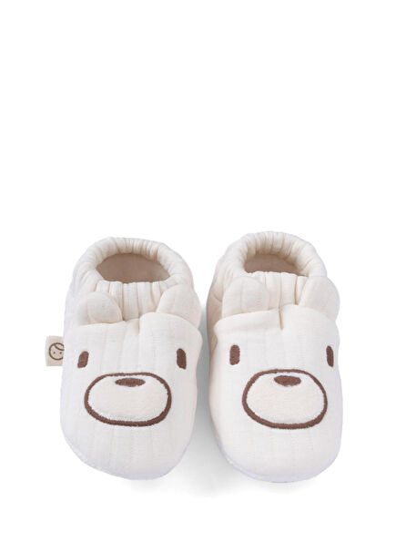 Ecru Quilted Teddy Bear Embroidered Unisex Kids Booties