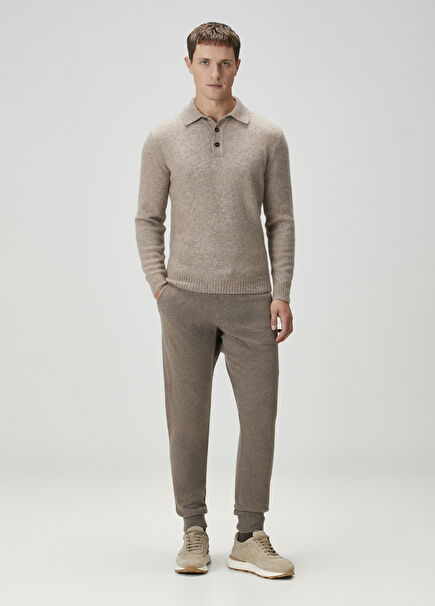 Bej Beli Kordonlu Yün Triko Pantolon