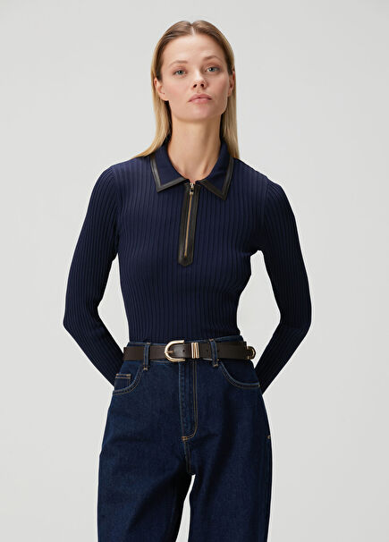 Lacivert Fermuarlı Ribli Triko