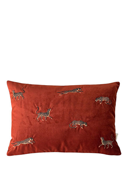 Leopar Desenli Kiremit Kadife Dekoratif Kırlent Kılıfı 35 x 50 cm
