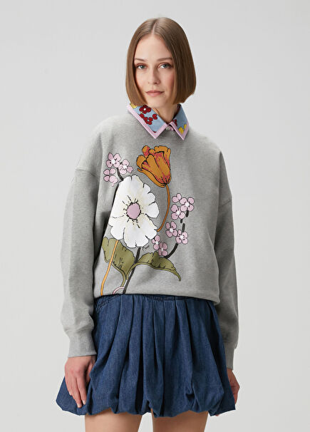 Gri Çiçek Baskılı Sweatshirt