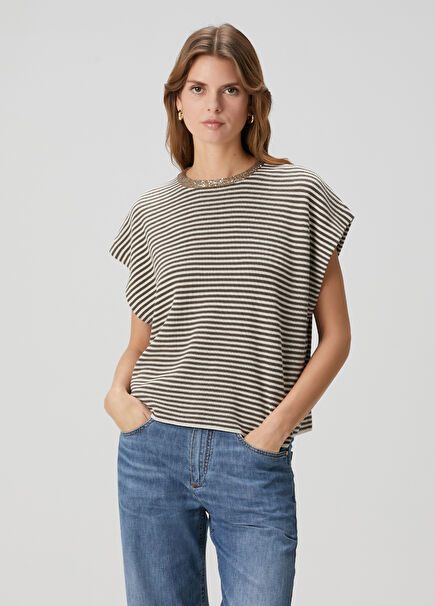 Brown Striped Short Sleeve Sweater