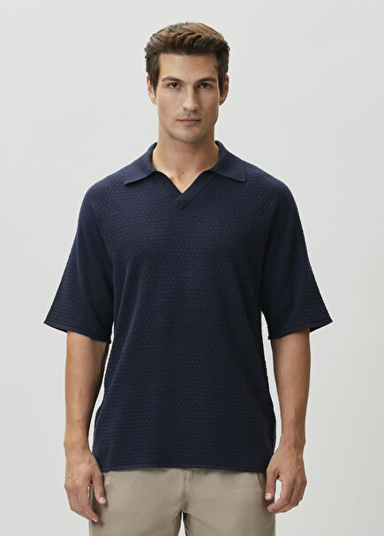 Navy Polo Jacquard Short Sleeve Wool Sweater