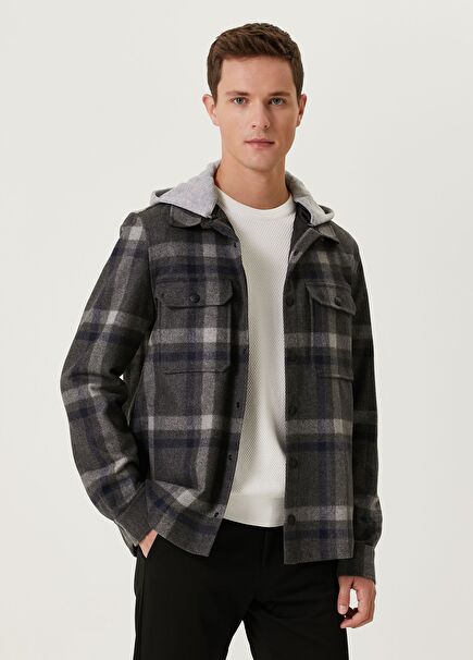 Koyu Gri Kapüşonlu Ekoseli Yün Flannel Dış Gömlek