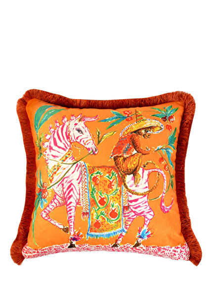 Pembe Zebra Desenli Turuncu Kadife Dekoratif Kırlent Kılıfı 45 x 45 cm