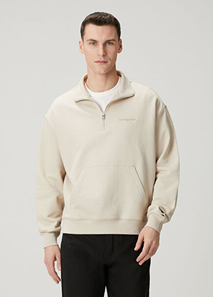 90s Bej Yakası Fermuarlı Sweatshirt