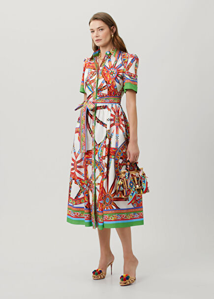 Red White Patterned Midi Shirt Dress