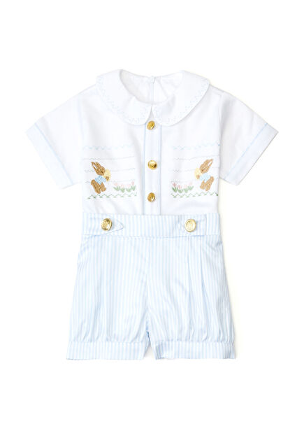 Smockrabbit İşlemeli Mavi Kısa Kollu T-shirt ve Şort Erkek Çocuk 2'li Set